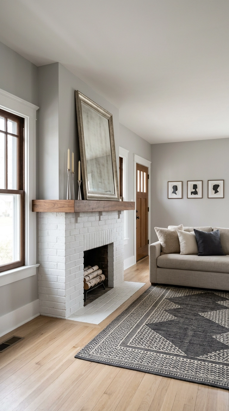 Antique silver leaf mirror above a painted brick fireplace in a grey transitional living room
