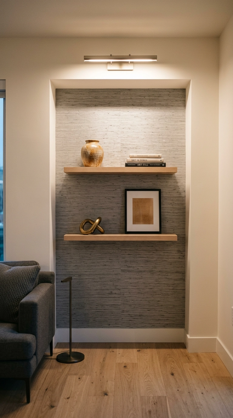 Silver-grey grasscloth wallpaper in an alcove behind two white oak floating shelves