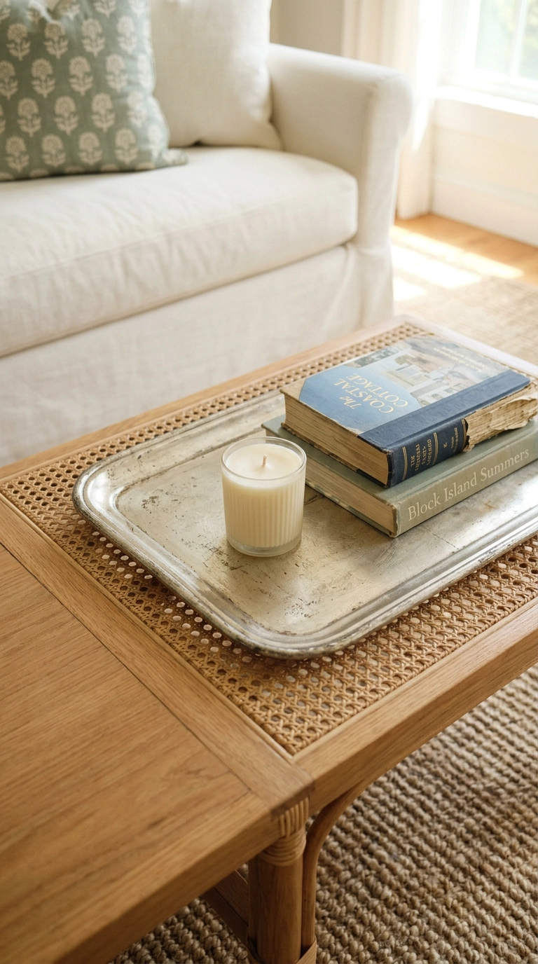 Antiqued silver leaf tray holding a candle and two books on a cane coffee table