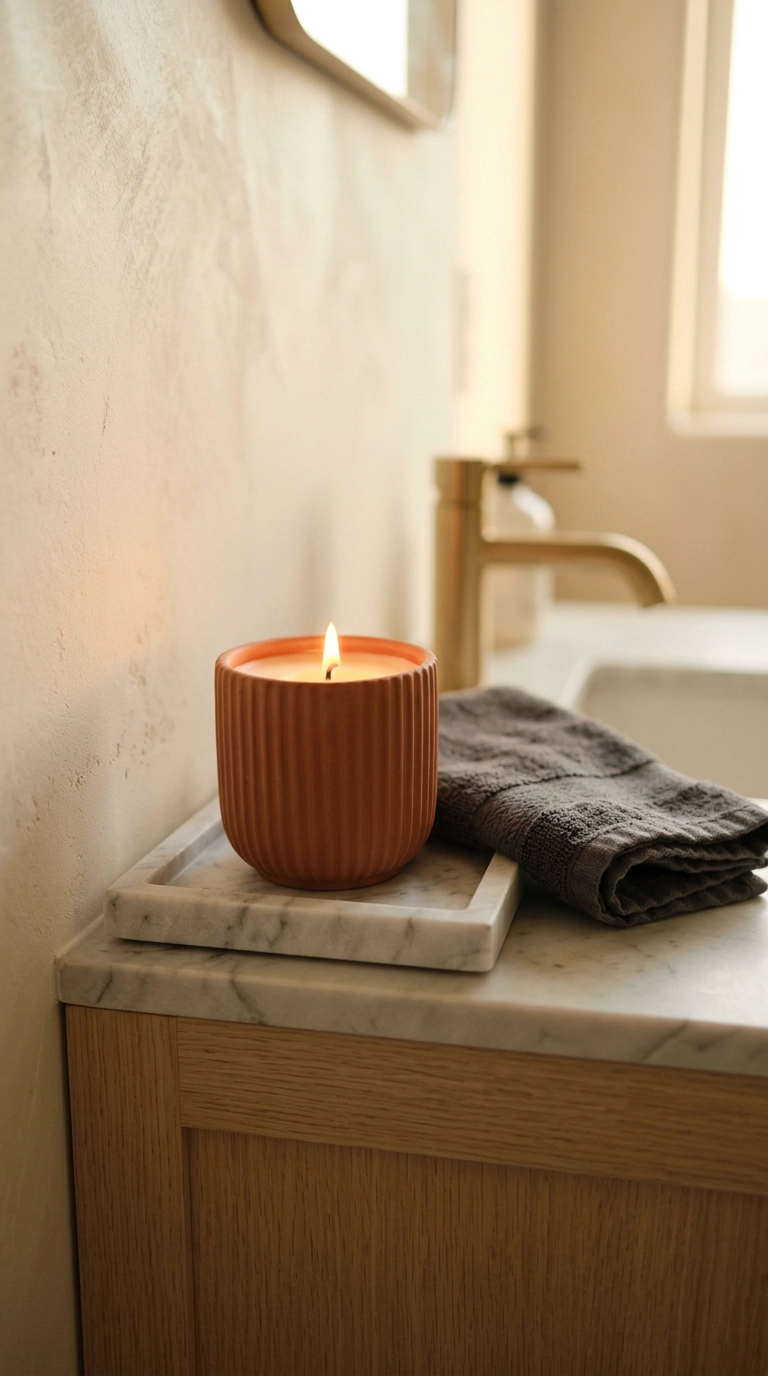 Lit terracotta candle on a marble tray on a small pale oak bathroom vanity