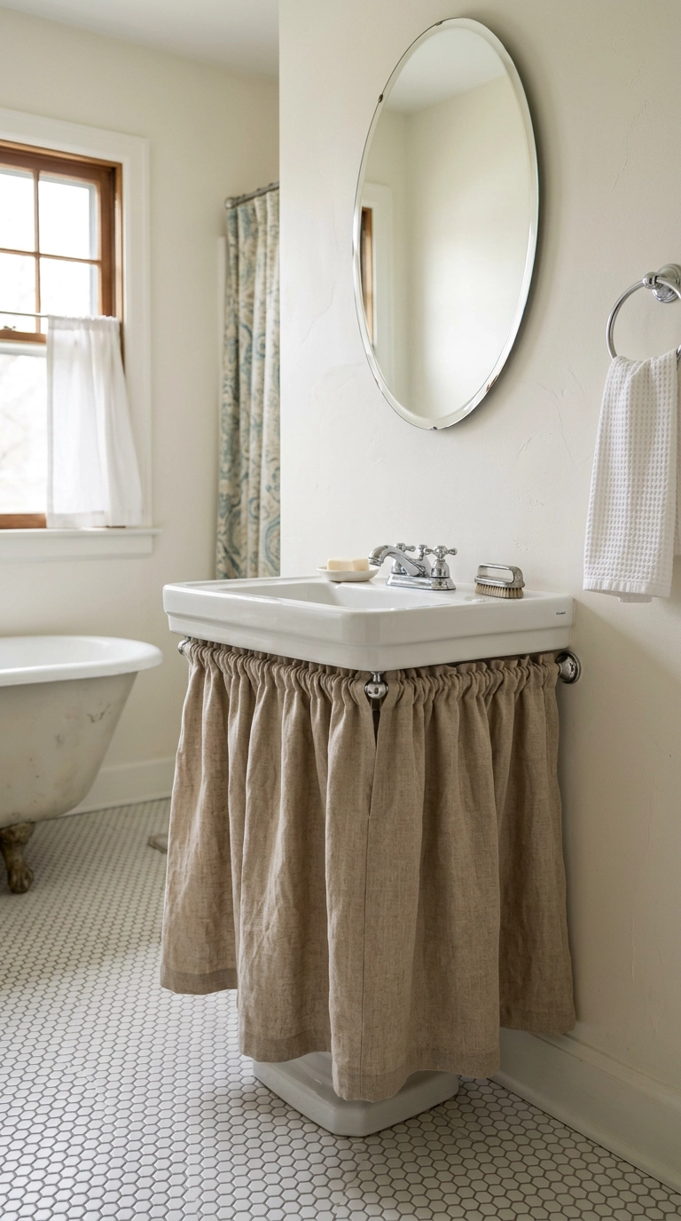 Flax linen skirt on a tension rod hiding plumbing under a small pedestal sink