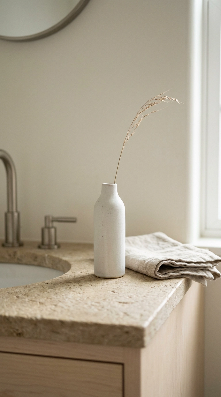 Single dried stem in a white bud vase on a small limestone bathroom vanity