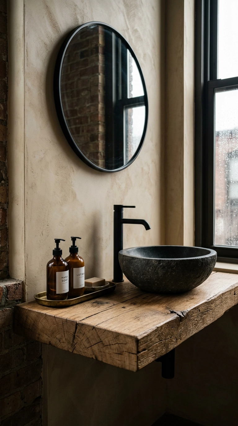 Charcoal stone vessel sink on a narrow reclaimed oak small bathroom vanity