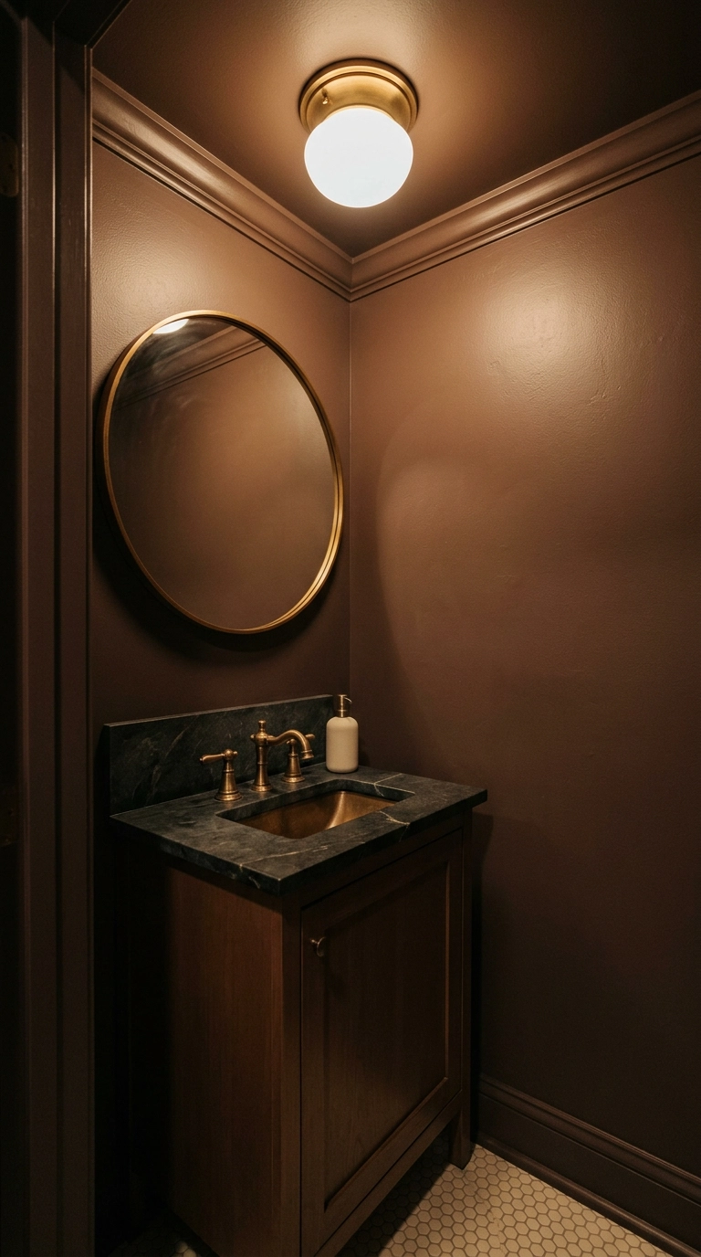 Small powder room color drenched in deep clay brown including the vanity cabinet