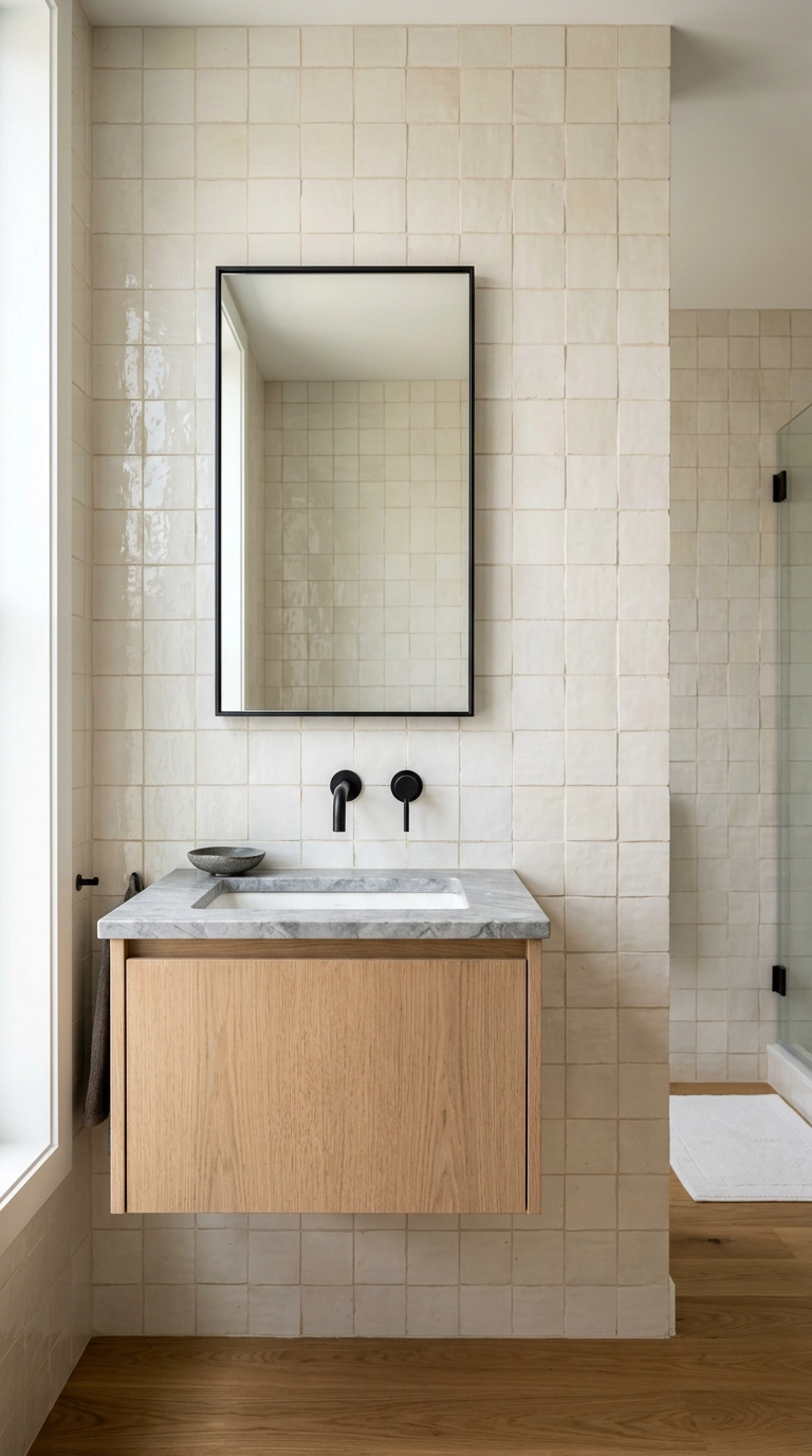 Creamy zellige tile running floor to ceiling behind a small white oak floating vanity