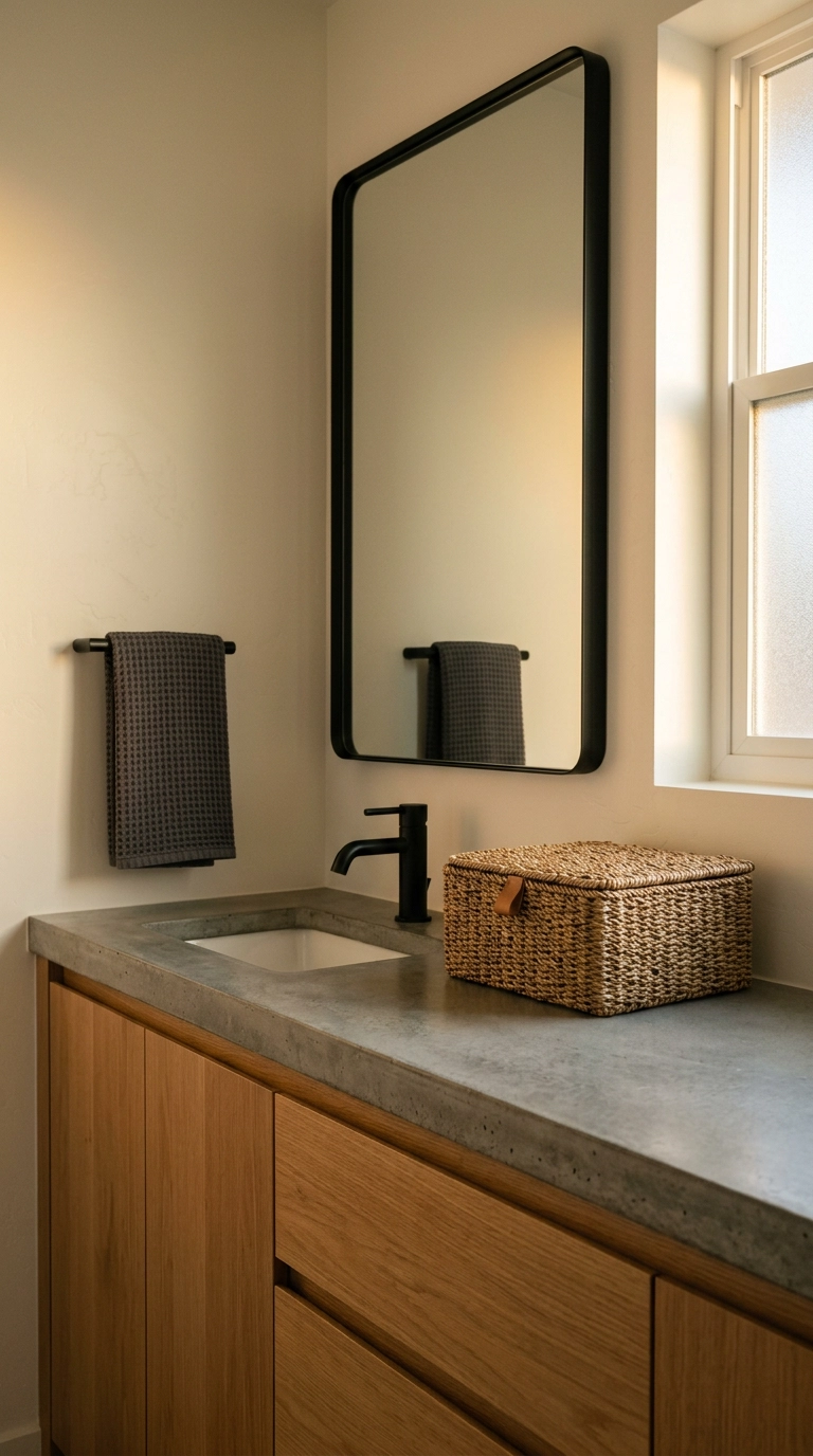 Lidded seagrass storage box on a narrow white oak small bathroom vanity