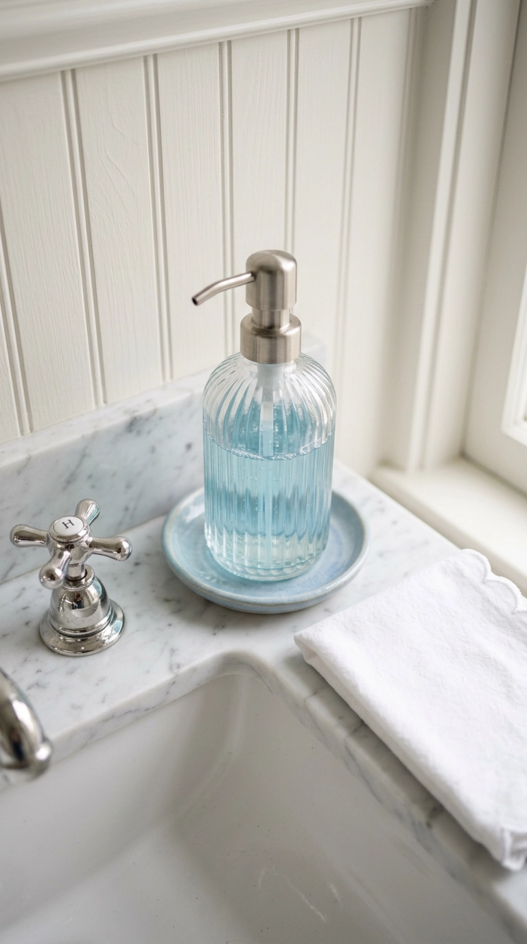 Fluted glass soap dispenser on a small marble bathroom vanity with beadboard wall