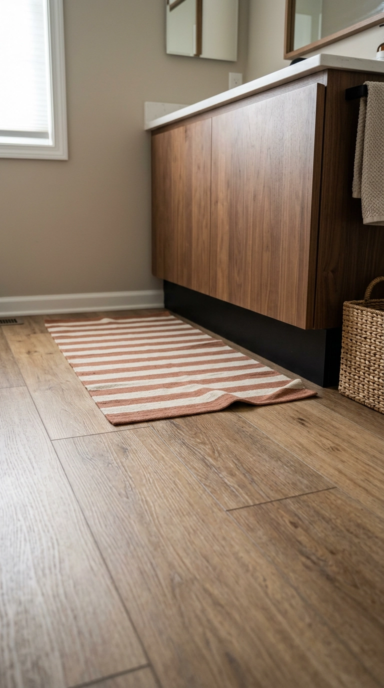 Rust and cream striped cotton runner in front of a warm walnut small bathroom vanity