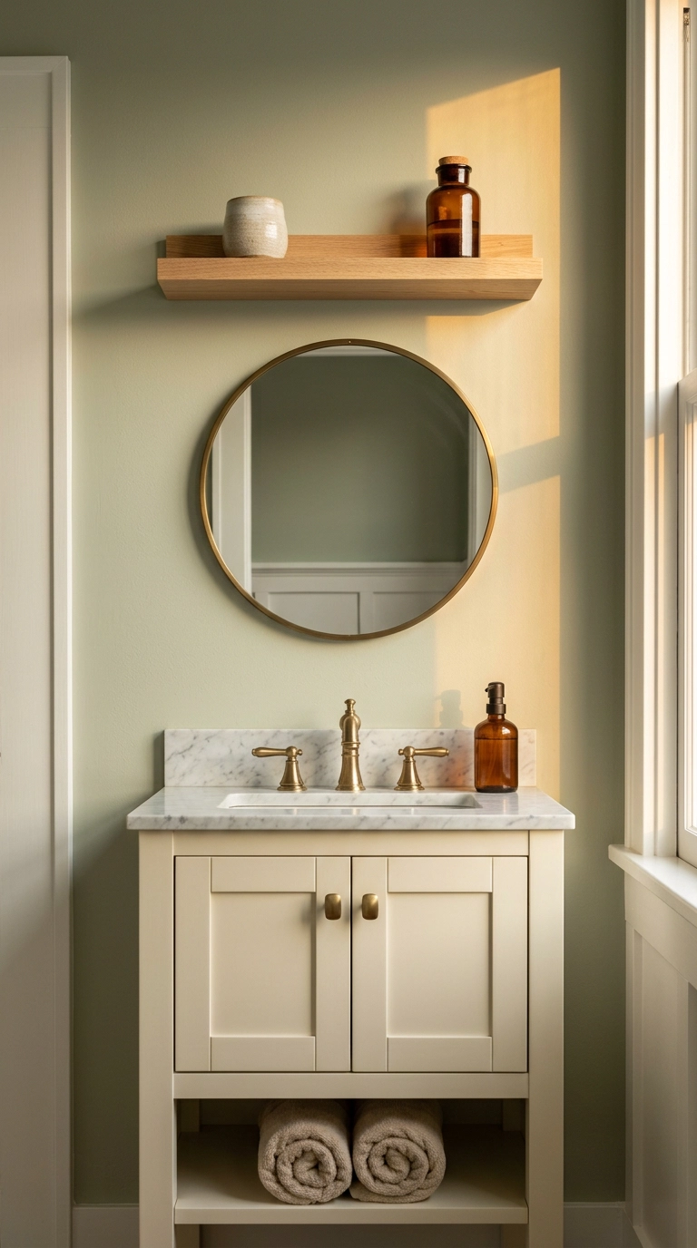 Narrow oak ledge shelf above a round mirror on a sage green small bathroom vanity wall