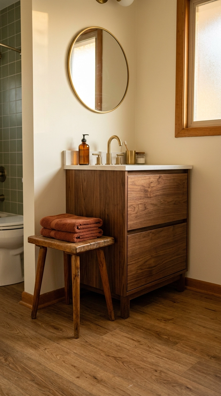 Vintage teak stool holding folded towels beside a compact walnut bathroom vanity