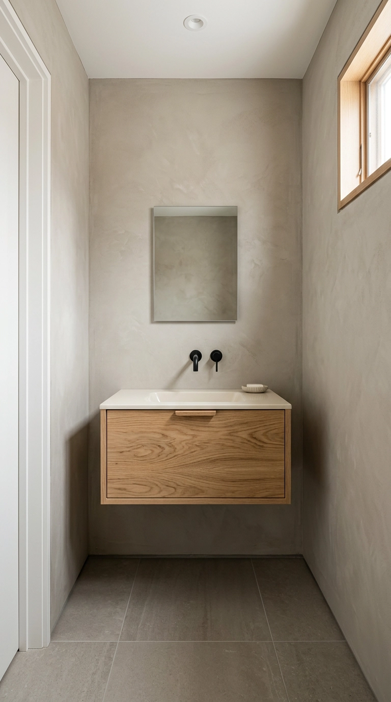 Floating white oak wall-mounted vanity with visible floor tile in a small bathroom
