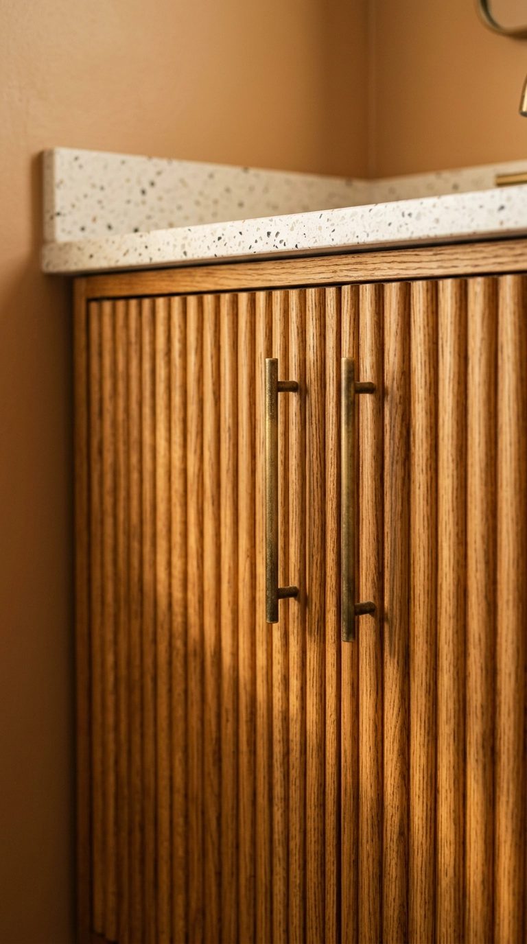Fluted honey oak slat panels applied to small bathroom vanity cabinet doors