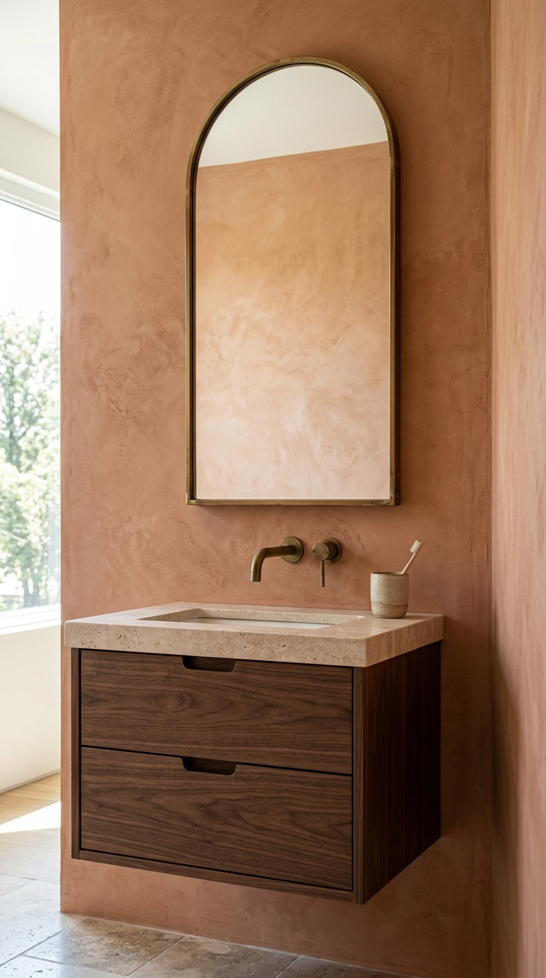 Arched brass-framed mirror above a compact walnut vanity with terracotta limewash walls