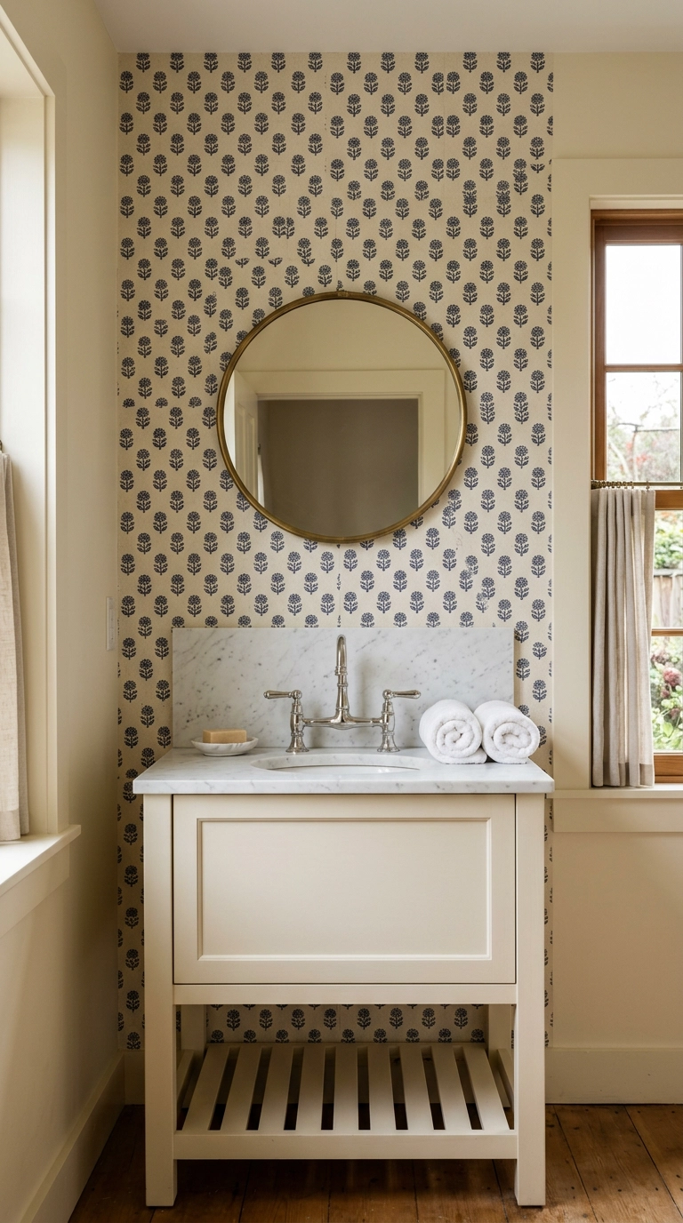 Muted indigo floral peel-and-stick wallpaper behind a small cream bathroom vanity