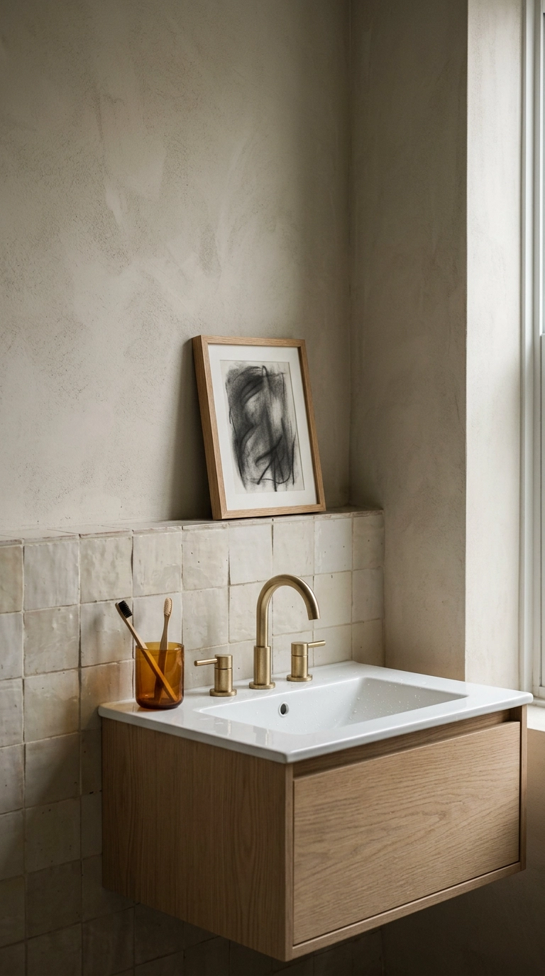 Small abstract art leaning against a zellige backsplash on a pale oak bathroom vanity