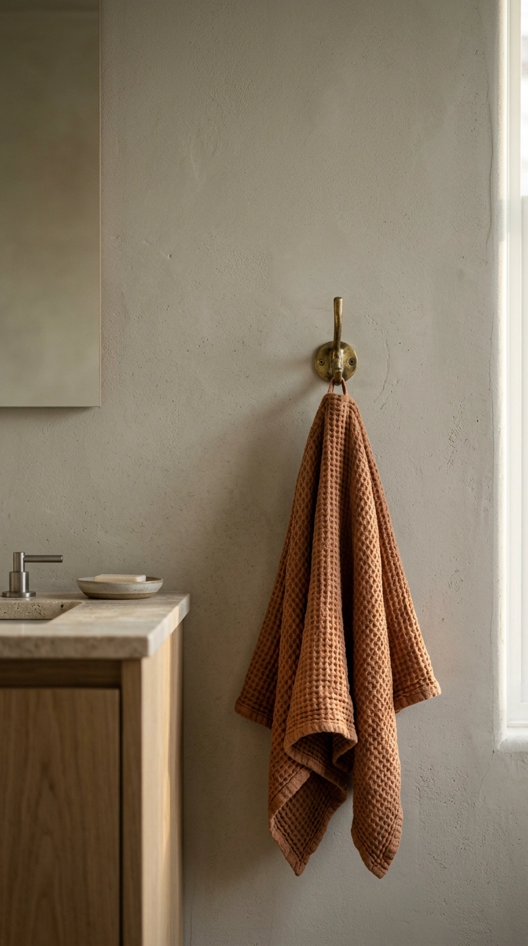 Aged brass hook holding a terracotta waffle towel beside a small bathroom vanity