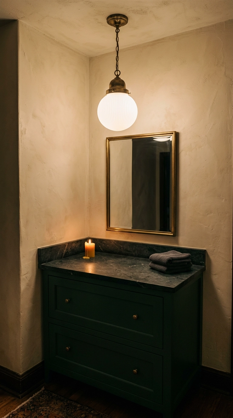 Small opal glass pendant hanging off-center above a deep green bathroom vanity