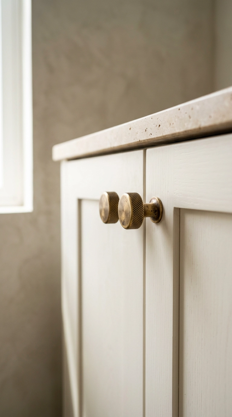 Knurled unlacquered brass knobs on a warm white small bathroom vanity cabinet