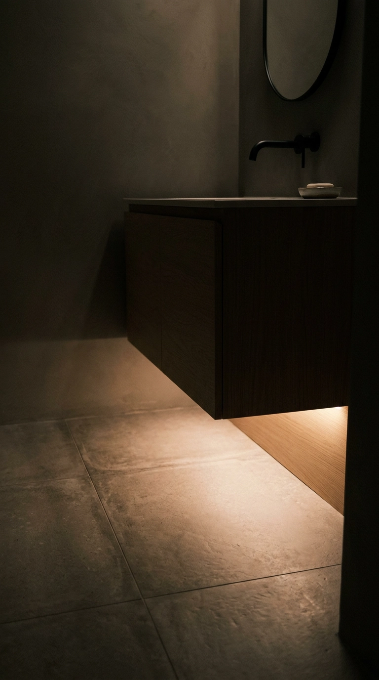 Warm LED strip glowing under a floating pale oak vanity in a dark small bathroom