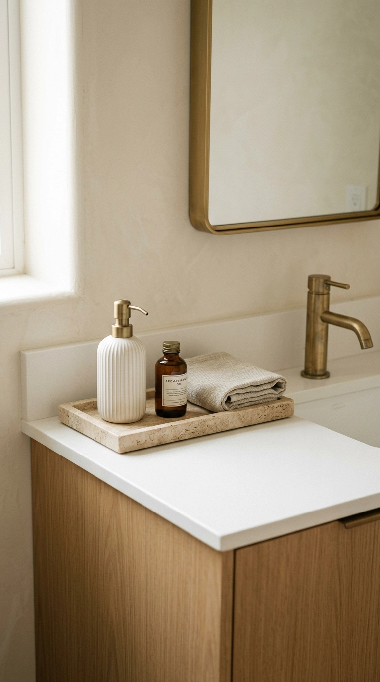 Travertine tray on a small bathroom vanity styled with a soap dispenser, amber bottle and linen towel