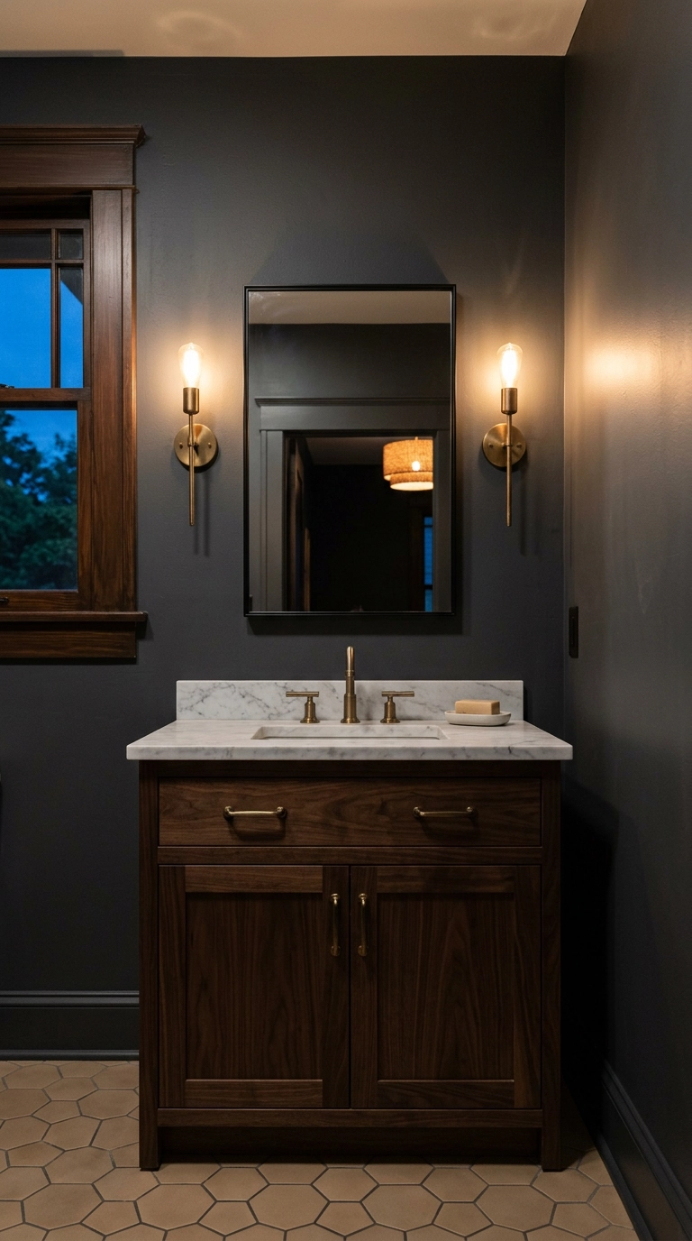 Two brass sconces flanking a black-framed mirror above a dark walnut small bathroom vanity