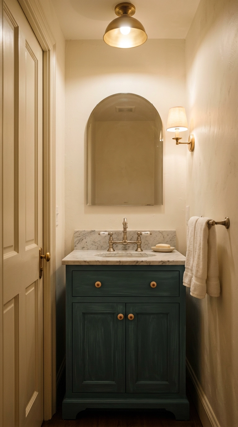 Small powder room vanity painted deep blue-green with marble top and arched mirror