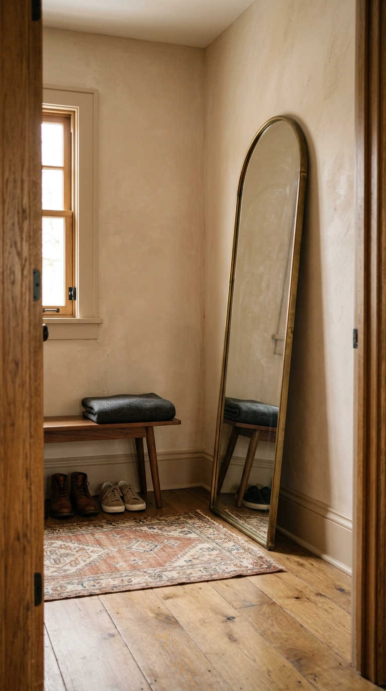 Arched brass full-length mirror leaning against a clay plaster wall in a small dressing room with a walnut bench