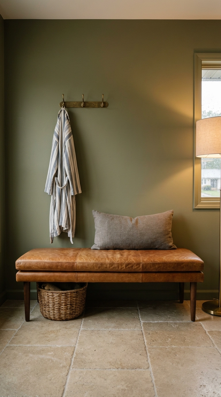 Slim caramel leather bench against an olive green wall in a small dressing room with brass hooks above