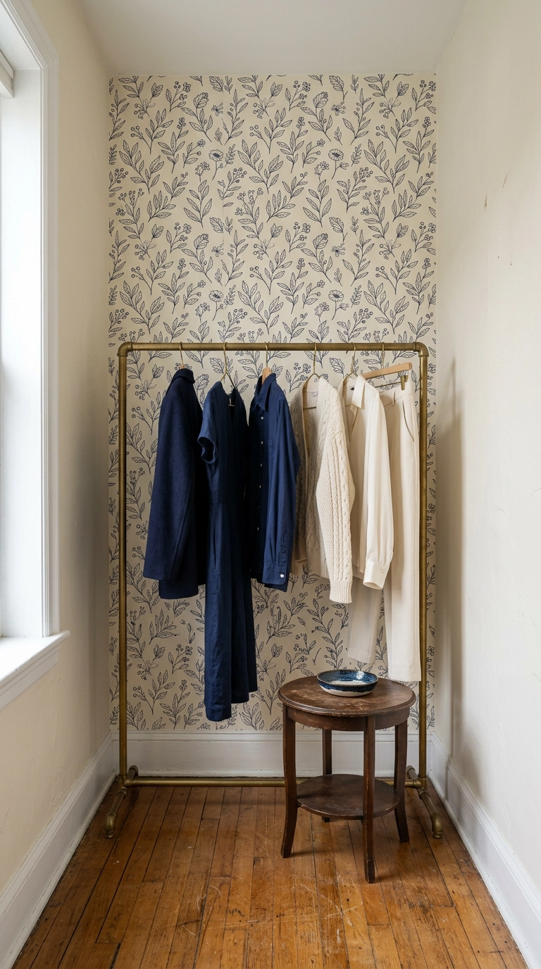 Small dressing room with a navy botanical wallpaper accent wall behind an open brass clothing rail