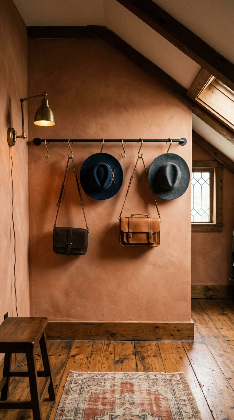 Black metal rail with brass hooks holding leather bags and felt hats in a small attic dressing room