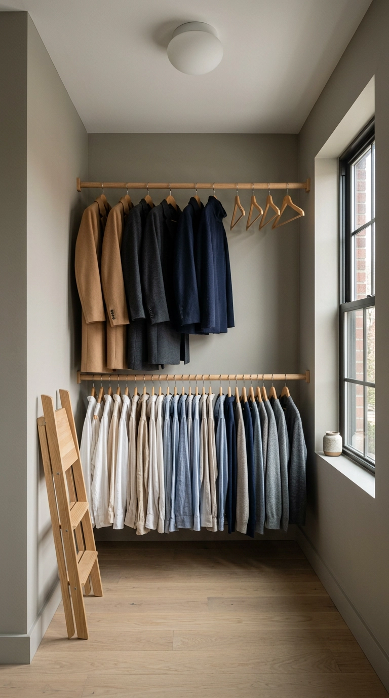Small dressing room with double white oak hanging rails stacked from floor to ceiling holding coats and shirts