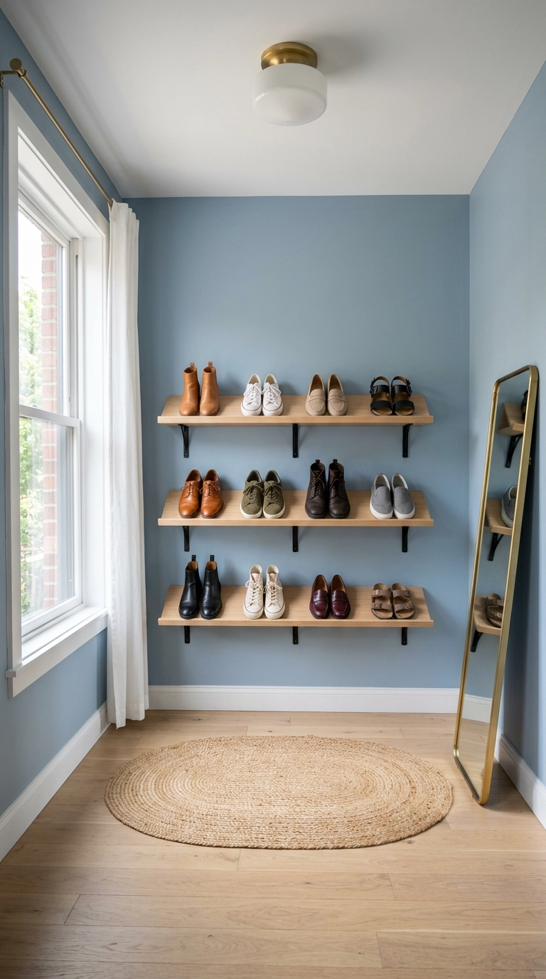 Three shallow oak shoe ledges mounted on a dusty blue wall in a small dressing room