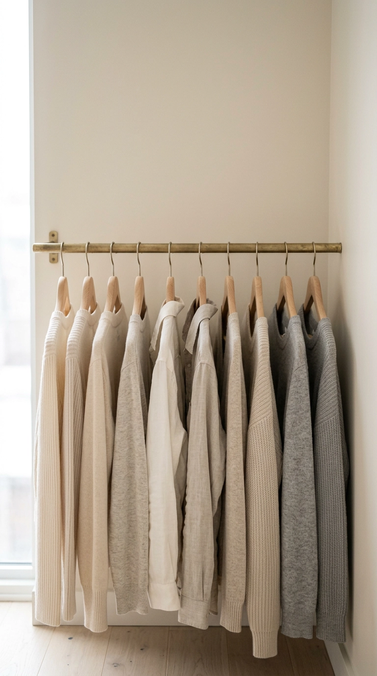 Matching slim beechwood hangers evenly spaced on a brass rail holding cream and grey garments