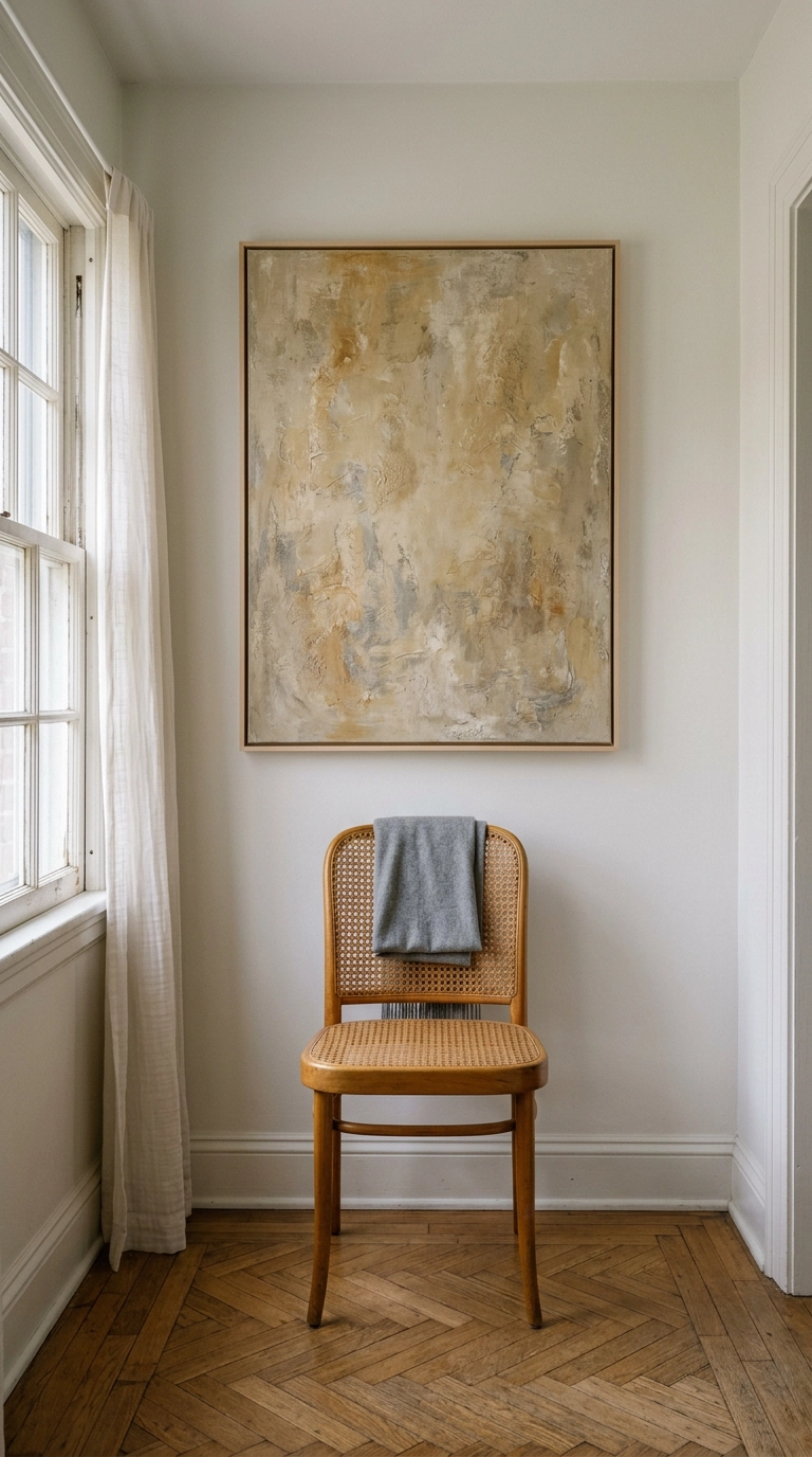 Single large ochre abstract canvas centered on a white wall above a caned chair in a small dressing room