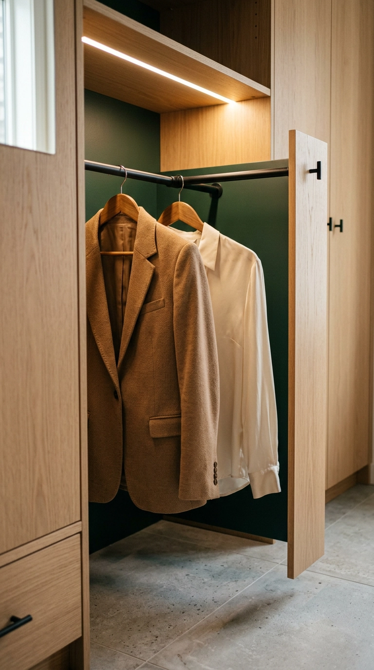 Black pull-out valet rod between oak wardrobe cabinets holding a camel blazer and cream blouse