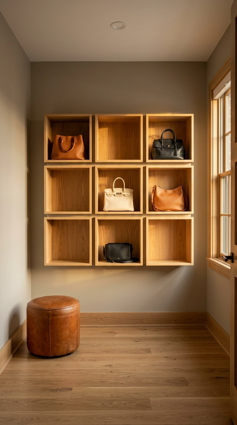 Grid of nine oak cubbies holding structured handbags with several left empty in a small dressing room