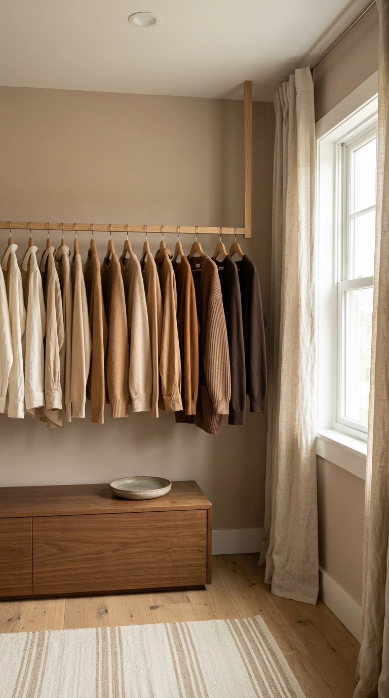 Clothes arranged in a cream to chocolate color gradient on an open oak rail in a small dressing room