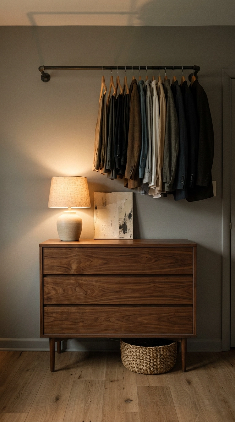 Low walnut dresser with tapered legs tucked beneath a hanging clothes rail in a small dressing room