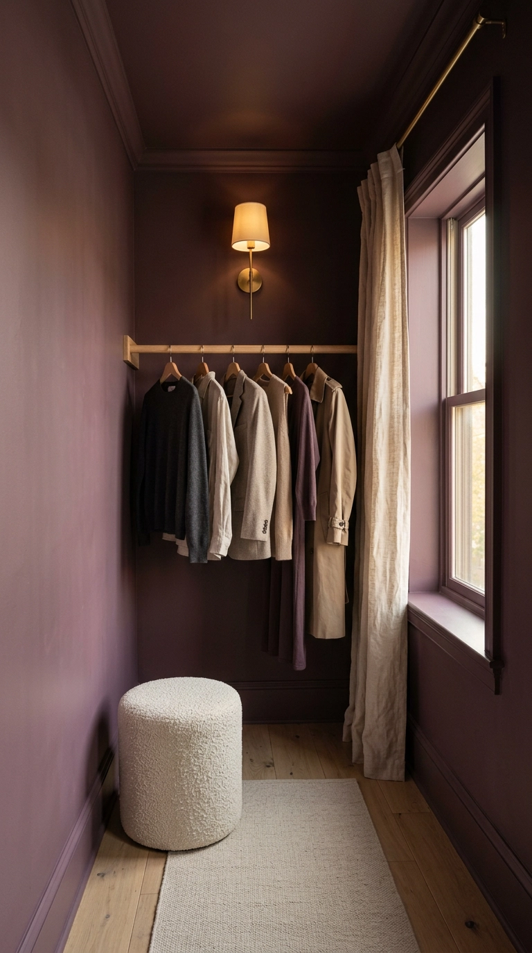 Small dressing room with walls, trim and ceiling painted in deep plum, brass sconce and open oak clothing rail