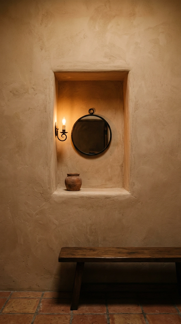 Round iron-framed mirror set inside a recessed plaster wall niche in a small dressing room
