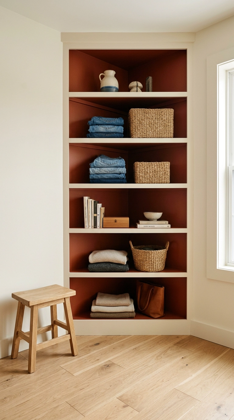 Open shelving with a deep terracotta painted interior and cream frame holding folded denim and woven boxes