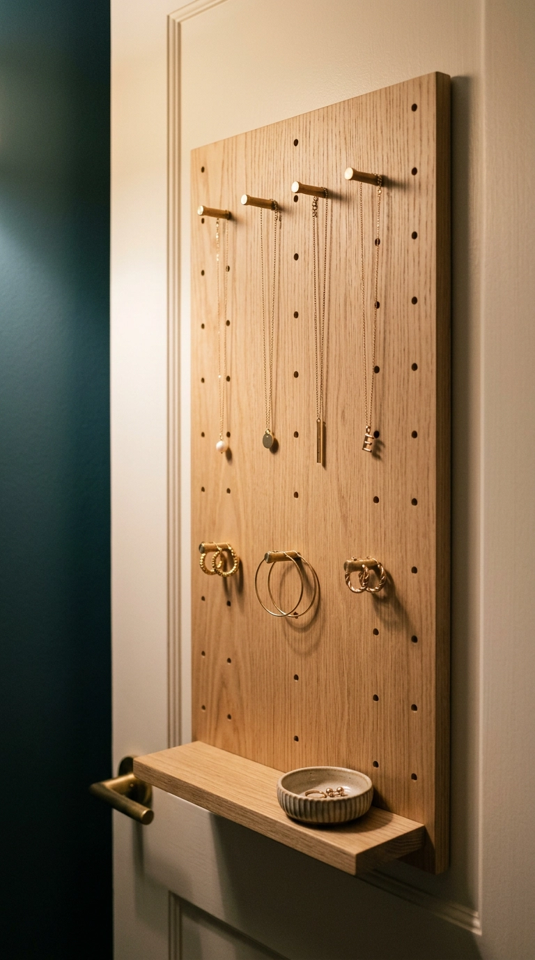 Slim oak pegboard jewelry panel mounted on the back of a dressing room door with brass pegs