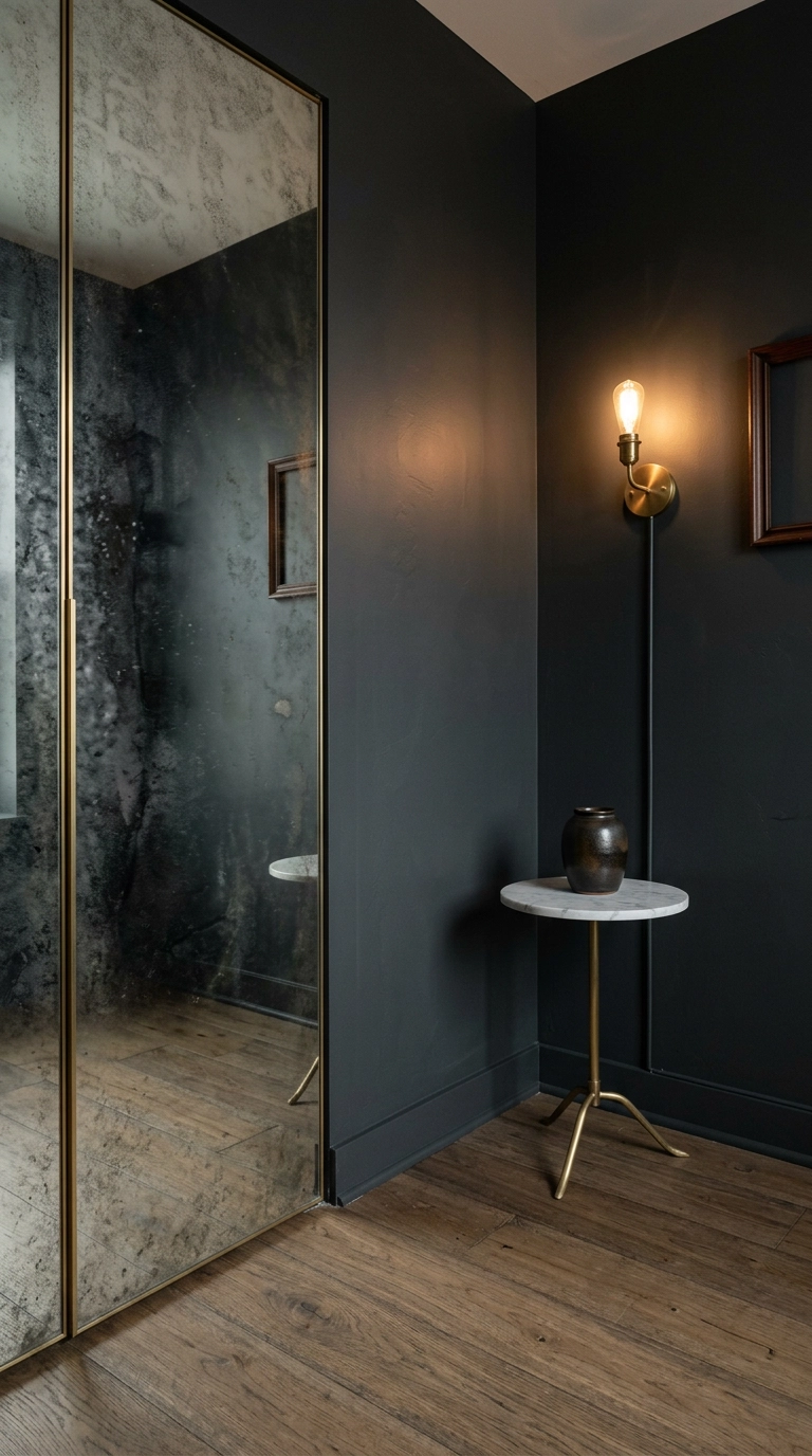 Antiqued mirror-fronted wardrobe door beside charcoal walls in a small dressing room with a brass sconce