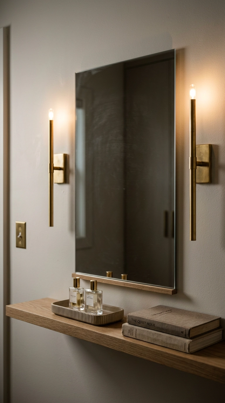 Two brass sconces mounted at face height beside a dressing room mirror above a white oak ledge
