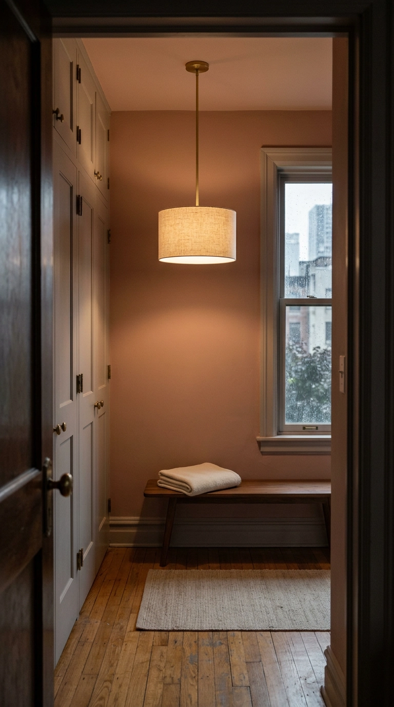 Small linen drum pendant hung from the ceiling of a dusty rose dressing room above a walnut bench