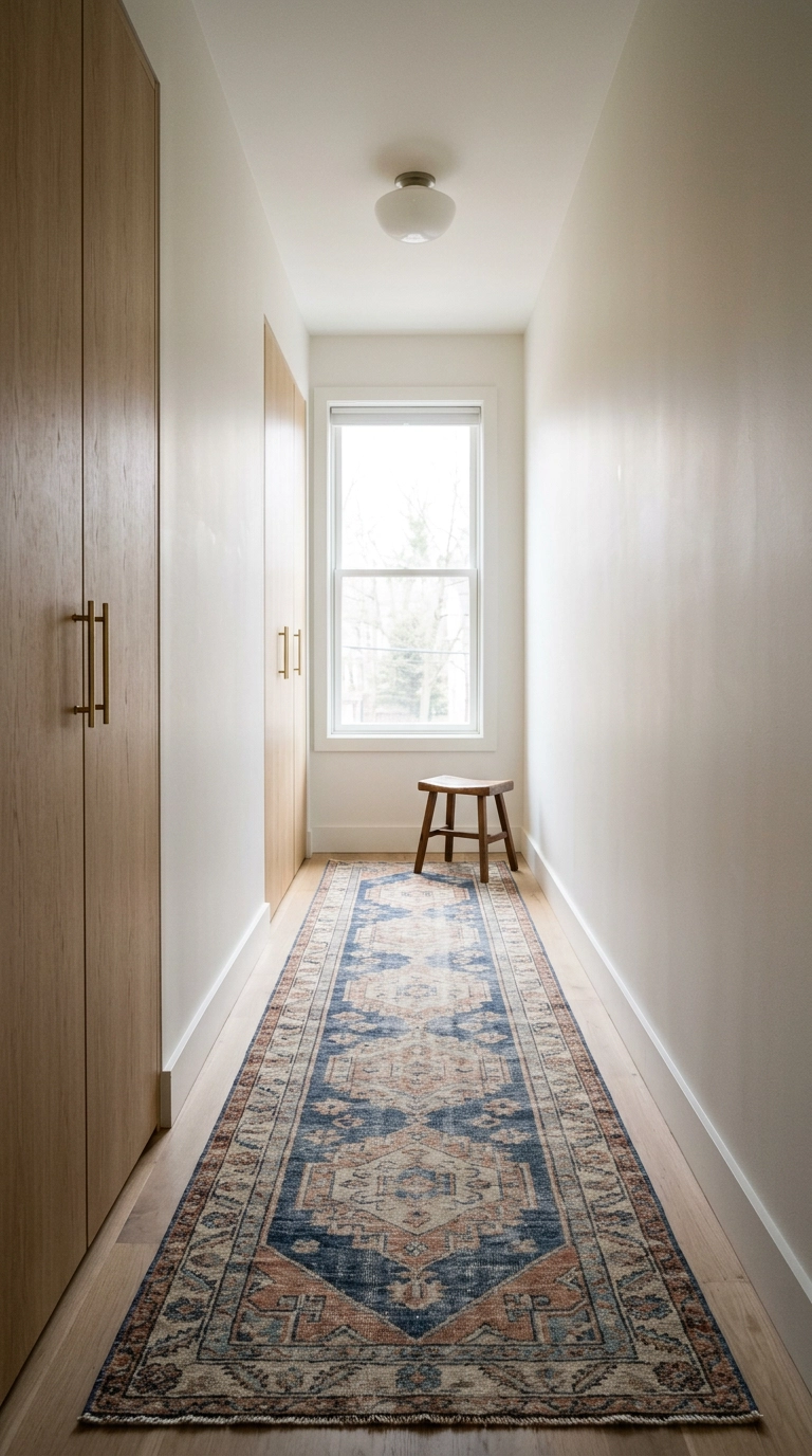 Faded indigo Turkish runner rug down the length of a narrow dressing room with oak wardrobe doors