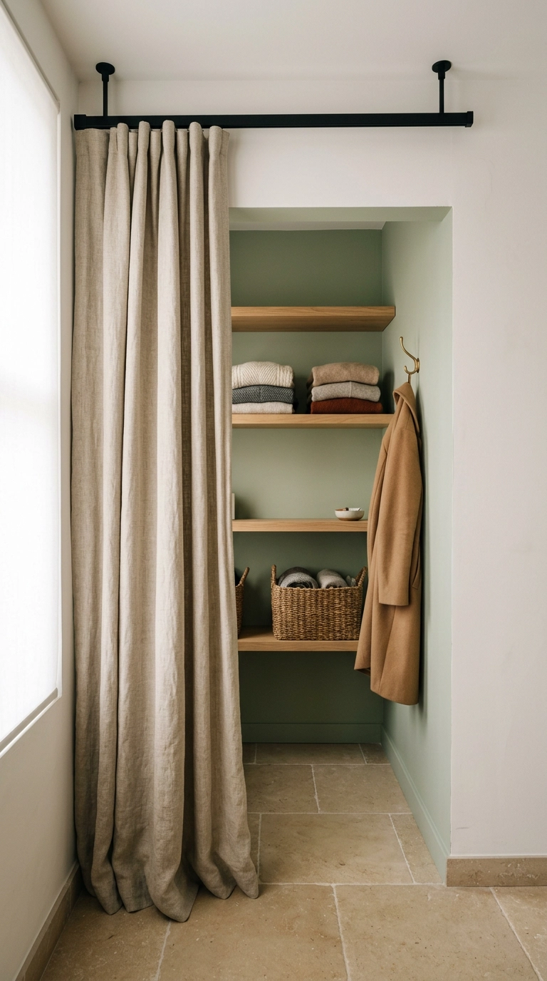 Narrow dressing alcove with a linen curtain on a ceiling track pulled open to show sage green shelving