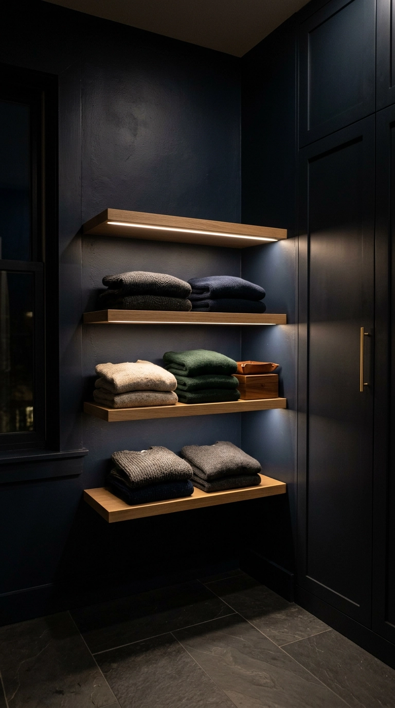 Warm LED strip lighting under oak shelves illuminating folded sweaters in a dark navy dressing room