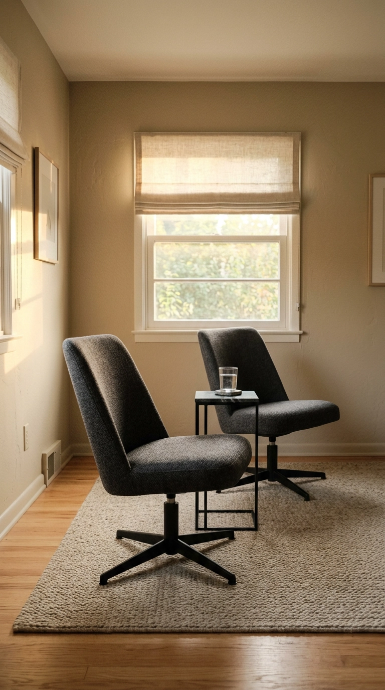 Two charcoal swivel gaming chairs side by side on an oatmeal wool rug in a small game room