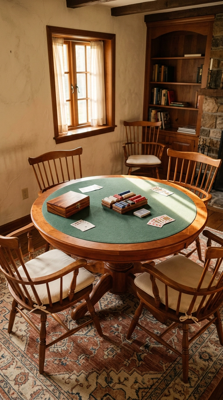 Round felt-topped card table with four wooden chairs in a small game room corner